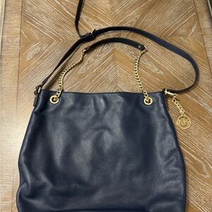 Michael Kors Pebble Leather Navy and Gold Shoulder Bag with Elegant Design
